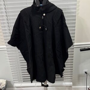 Black Wool-Blend Cape Coat with Stand Collar